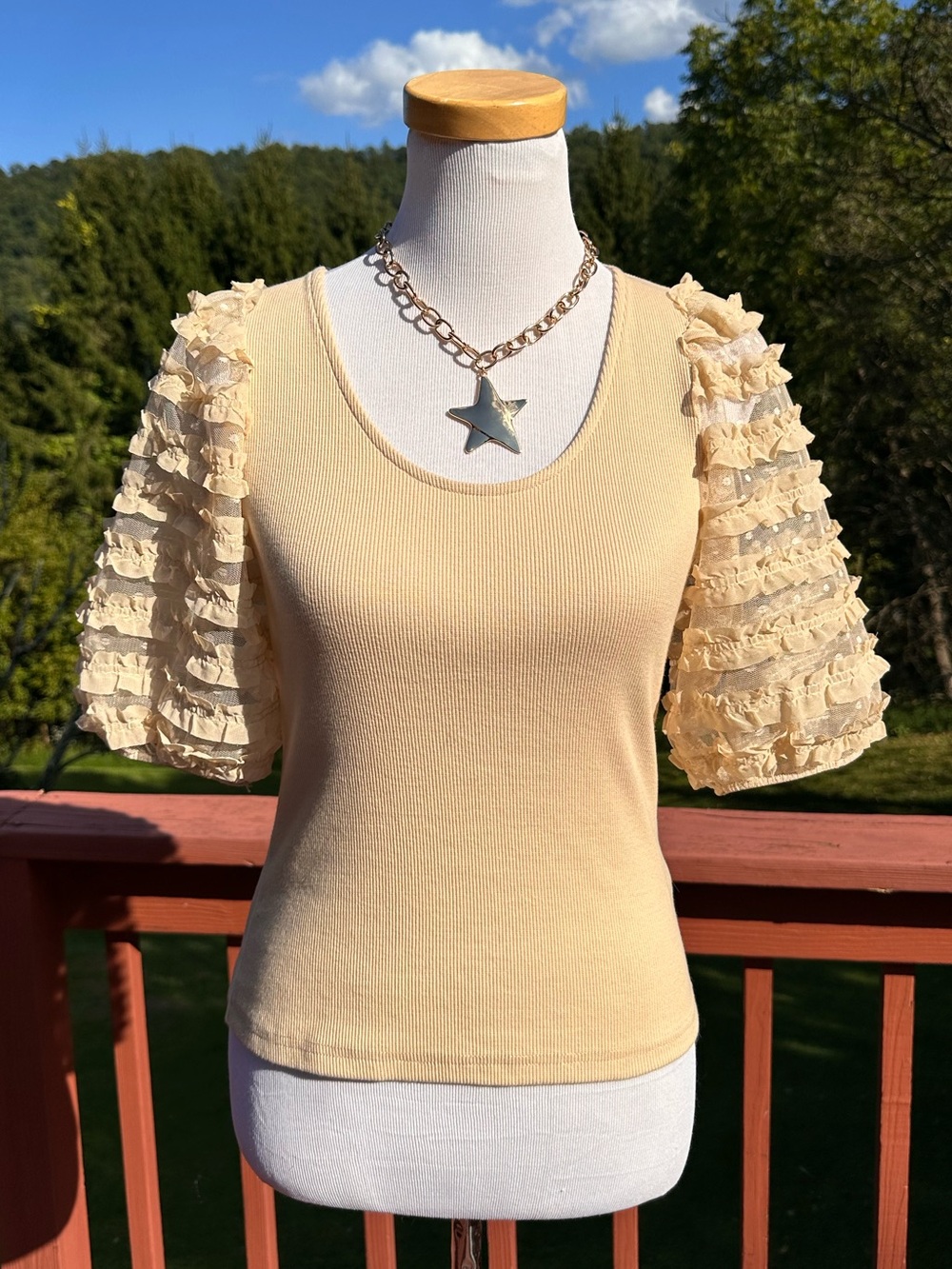 dolan Anthropologie Cream Ruffle-Sleeve Knit Tee